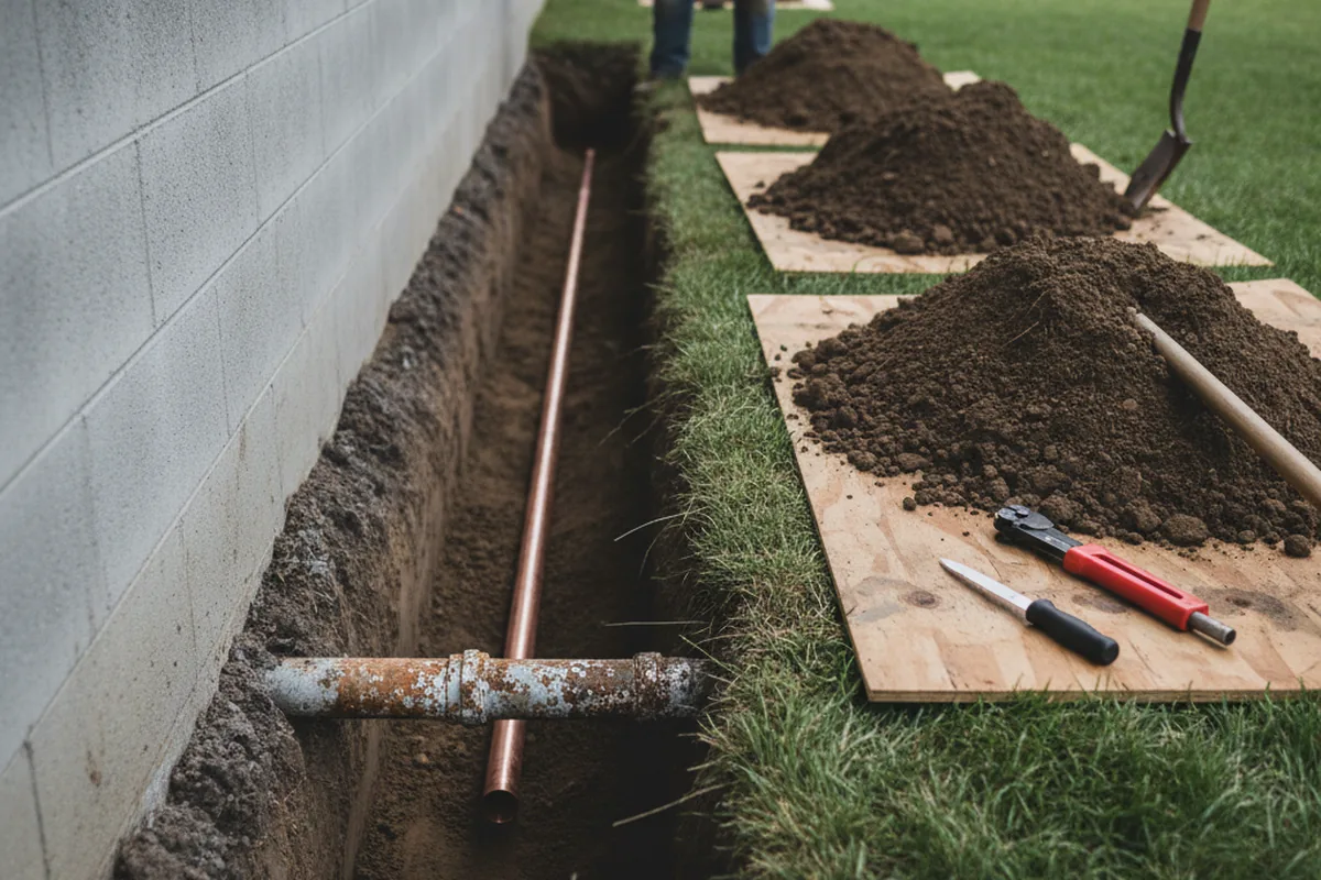 Excavated water line trench during Water Softener Installation in Modena